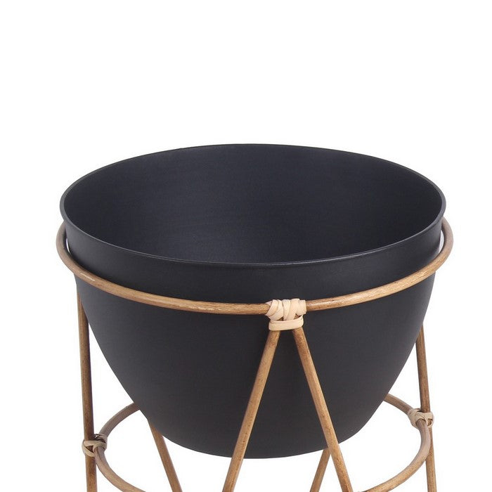 Metal Planters with Wooden Hairpin Legs, Set of 2, Black and Brown