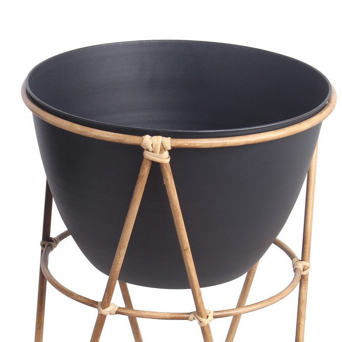 Metal Planters with Wooden Hairpin Legs, Set of 2, Black and Brown
