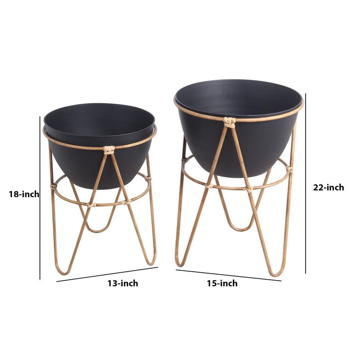 Metal Planters with Wooden Hairpin Legs, Set of 2, Black and Brown