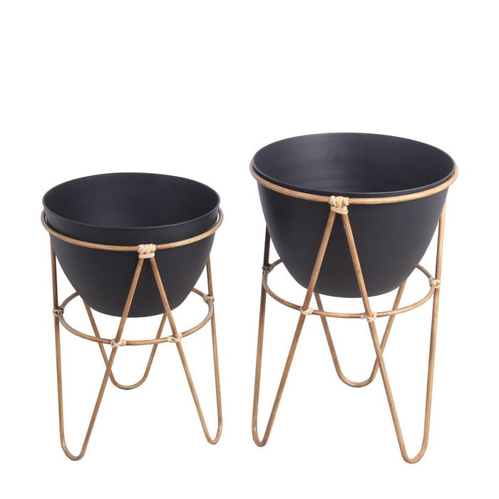 Metal Planters with Wooden Hairpin Legs, Set of 2, Black and Brown
