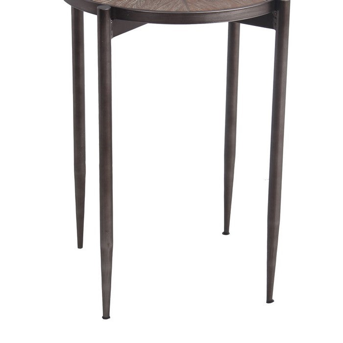 Industrial Round Accent Table with Tapered Tubular Legs, Brown and Black