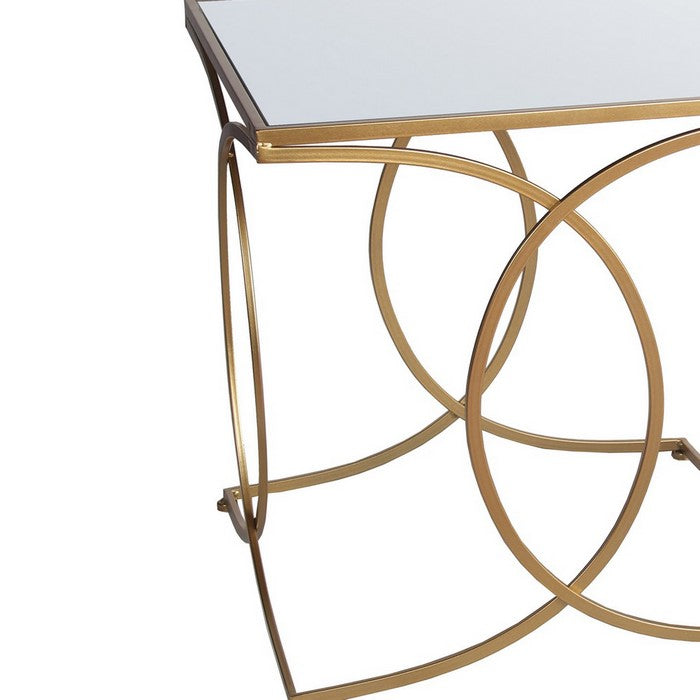 Square Mirror Top Accent Table with Geometric Base, Set of 2, Gold
