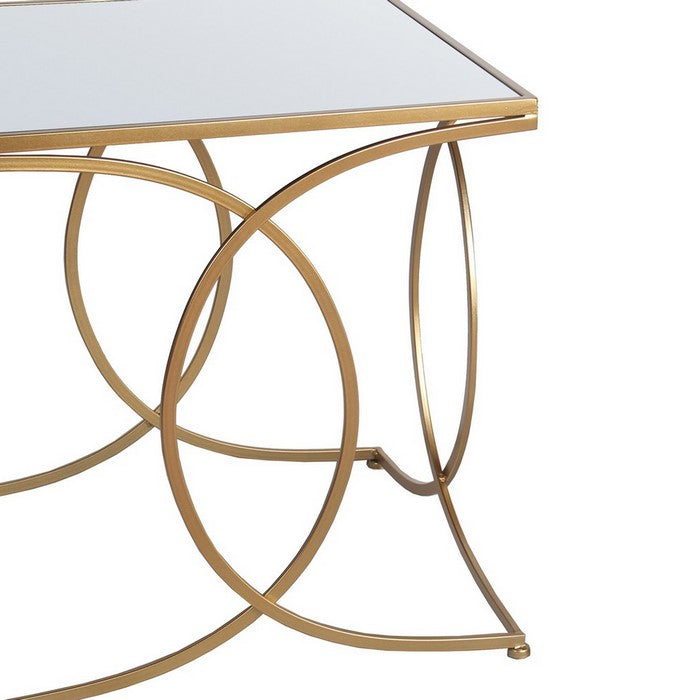 Square Mirror Top Accent Table with Geometric Base, Set of 2, Gold
