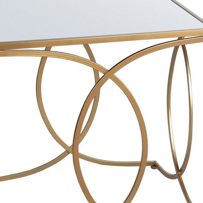 Square Mirror Top Accent Table with Geometric Base, Set of 2, Gold