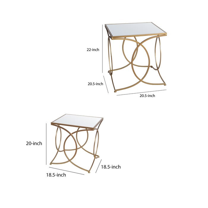 Square Mirror Top Accent Table with Geometric Base, Set of 2, Gold