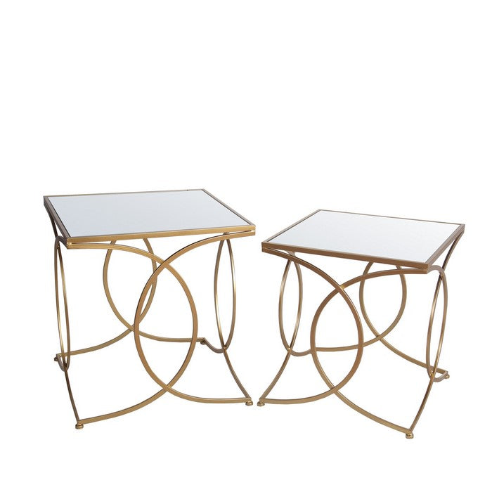 Square Mirror Top Accent Table with Geometric Base, Set of 2, Gold