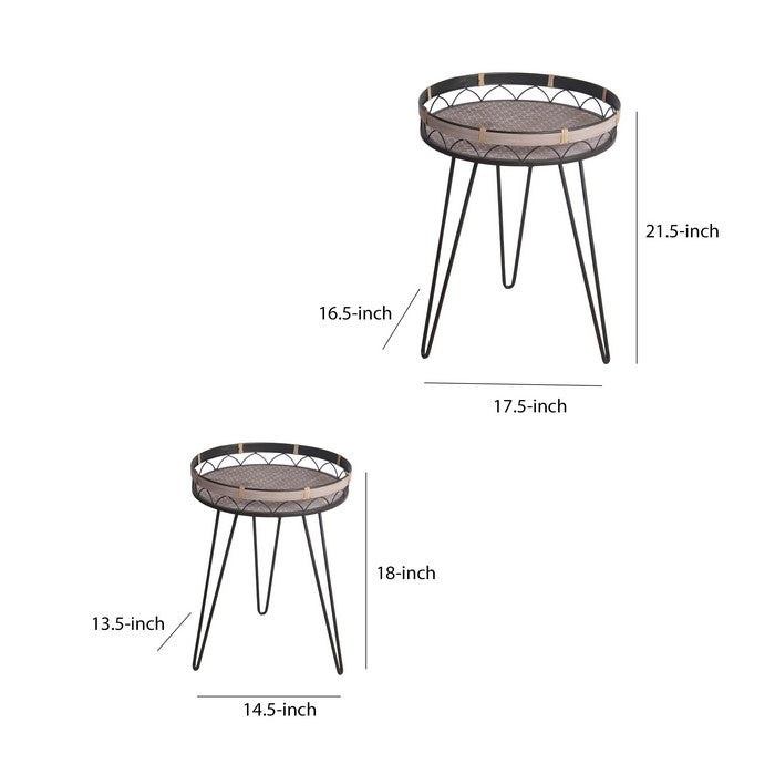 Chevron Round Top Accent Table with Hairpin Legs, Set Of 2, Black and Brown