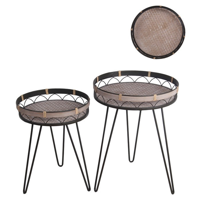 Chevron Round Top Accent Table with Hairpin Legs, Set Of 2, Black and Brown