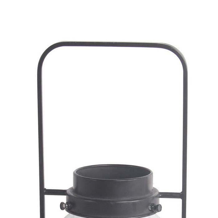 Industrial Style Metal Frame Glass Lantern with Handle, Large, Black