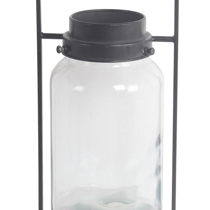 Industrial Style Metal Frame Glass Lantern with Handle, Large, Black