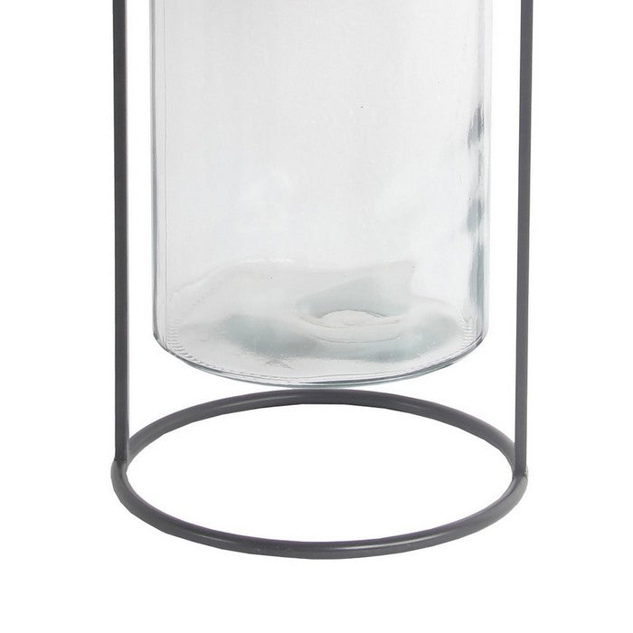 Industrial Style Metal Frame Glass Lantern with Handle, Large, Black