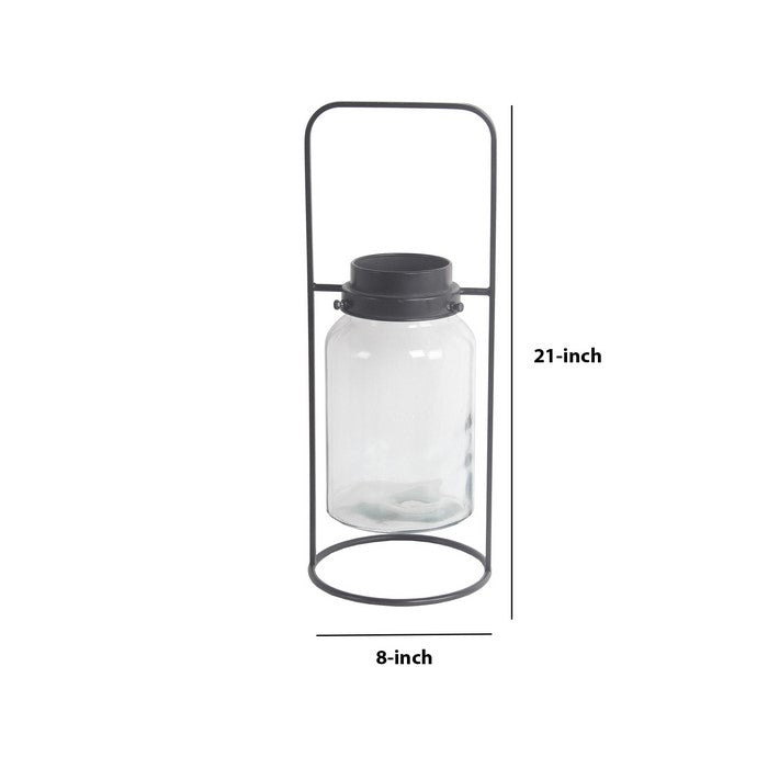 Industrial Style Metal Frame Glass Lantern with Handle, Large, Black