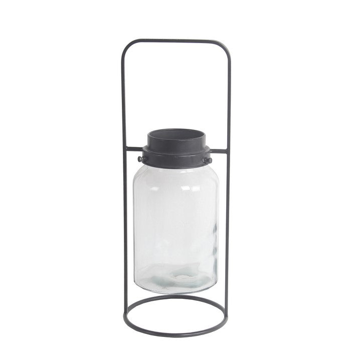 Industrial Style Metal Frame Glass Lantern with Handle, Large, Black