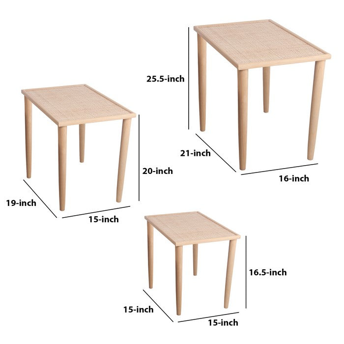 Wooden Accent Table with Lattice Design Top, Set of 3, Natural Brown