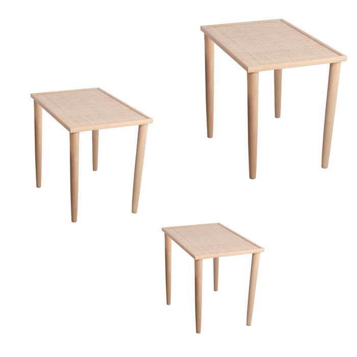 Wooden Accent Table with Lattice Design Top, Set of 3, Natural Brown