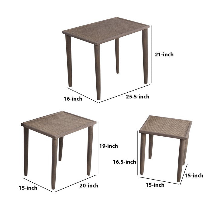 Wooden Accent Table with Lattice Design Top, Set of 3, Dark Brown