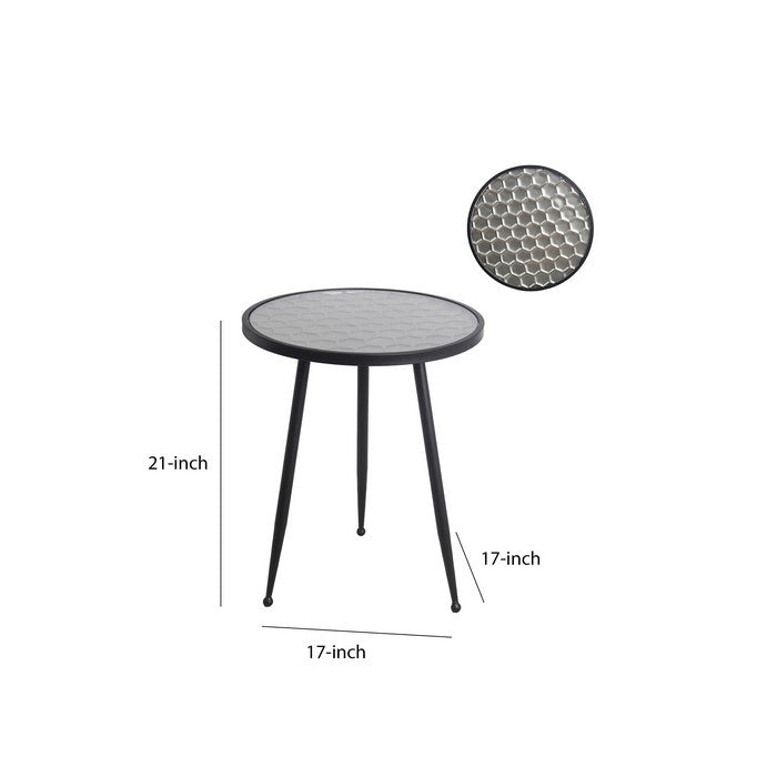 Honeycomb Glass Top Accent Table with Tubular Legs, Black and Silver