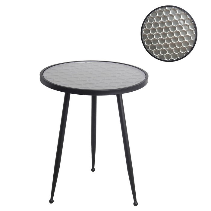 Honeycomb Glass Top Accent Table with Tubular Legs, Black and Silver