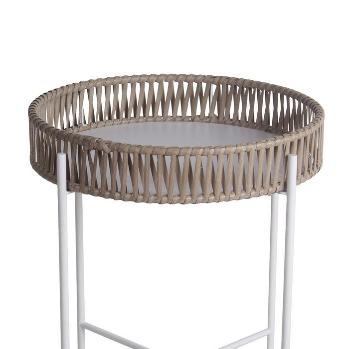 Metal Accent Table with Round Top and Woven Edges, Small, White and Brown