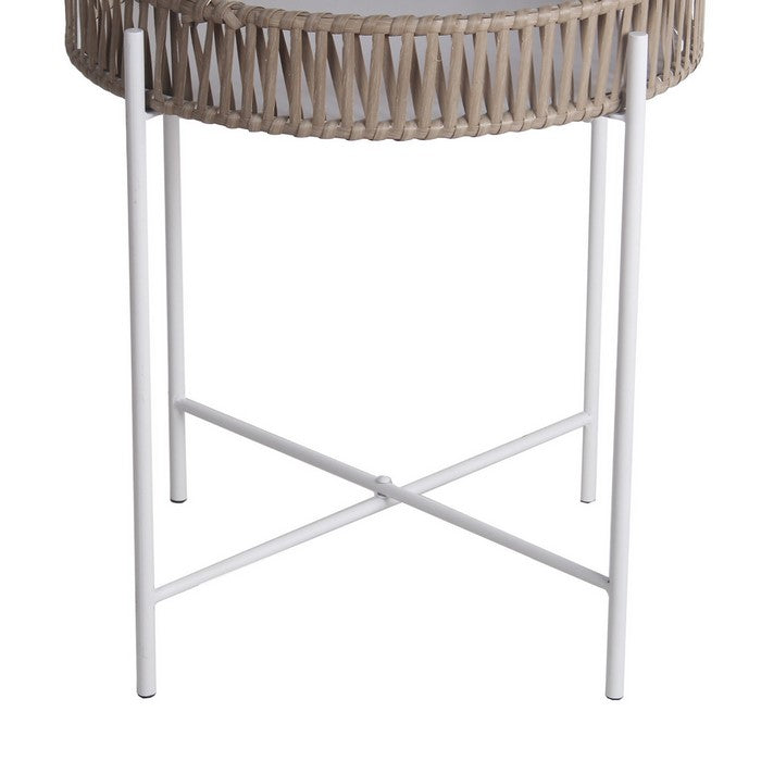 Metal Accent Table with Round Top and Woven Edges, Small, White and Brown