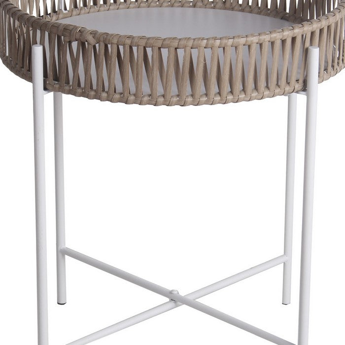Metal Accent Table with Round Top and Woven Edges, Small, White and Brown