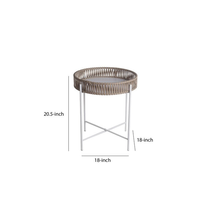 Metal Accent Table with Round Top and Woven Edges, Small, White and Brown