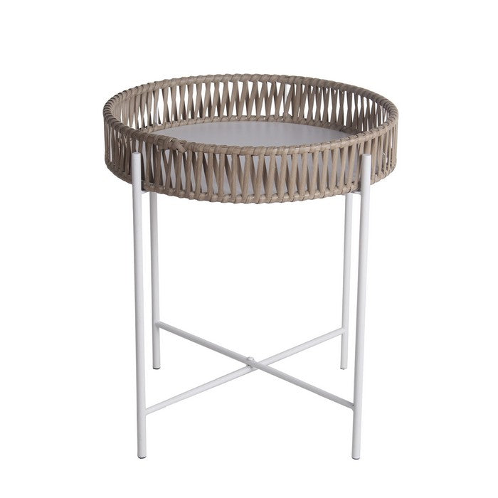 Metal Accent Table with Round Top and Woven Edges, Small, White and Brown