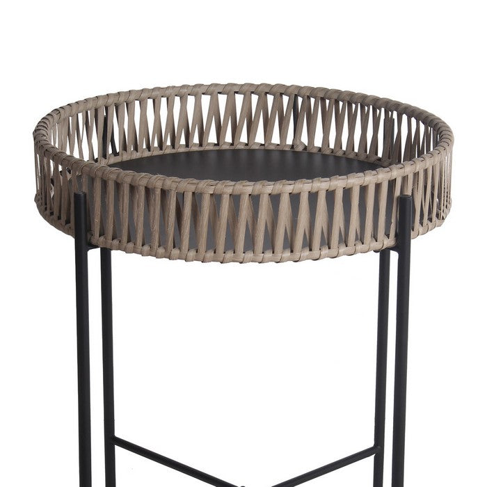 Metal Accent Table with Round Top and Woven Edges, Small, Black and Brown