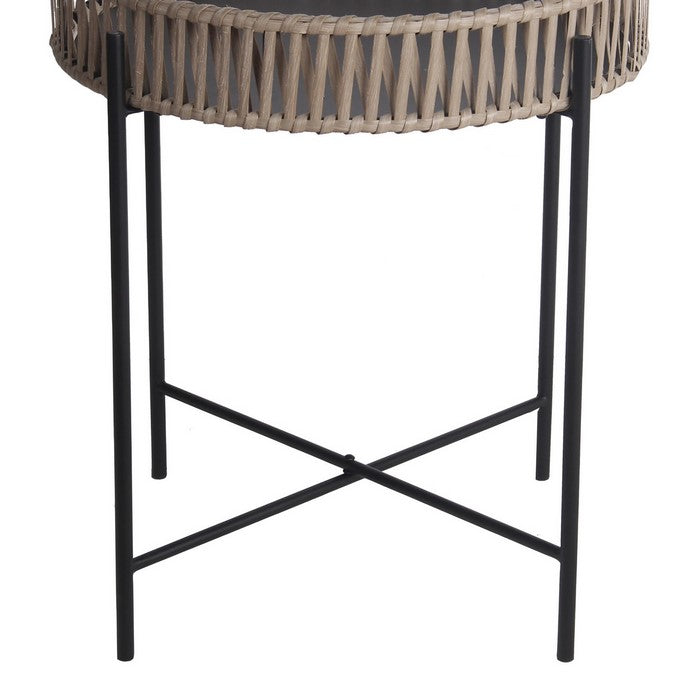Metal Accent Table with Round Top and Woven Edges, Small, Black and Brown