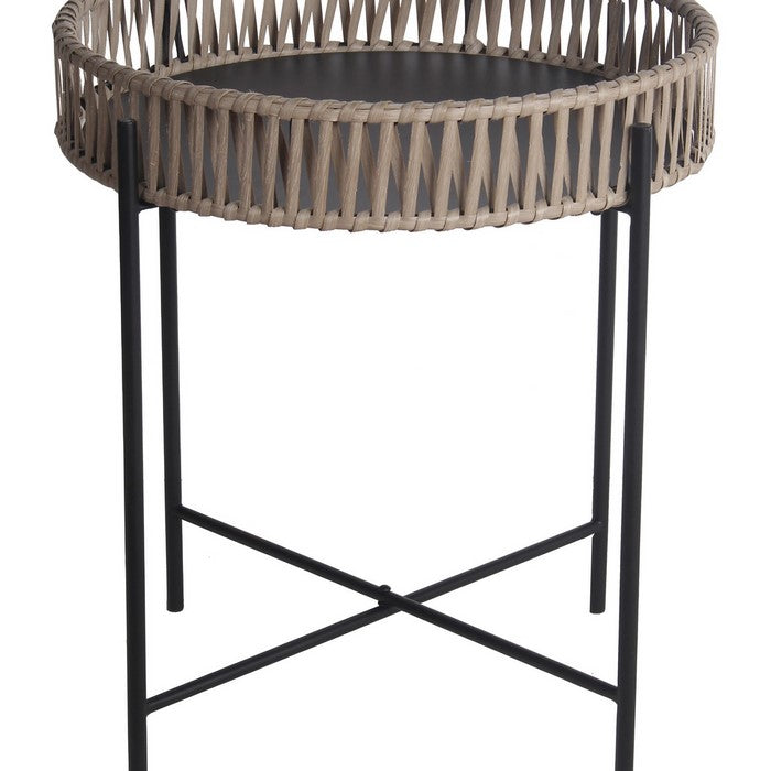 Metal Accent Table with Round Top and Woven Edges, Small, Black and Brown