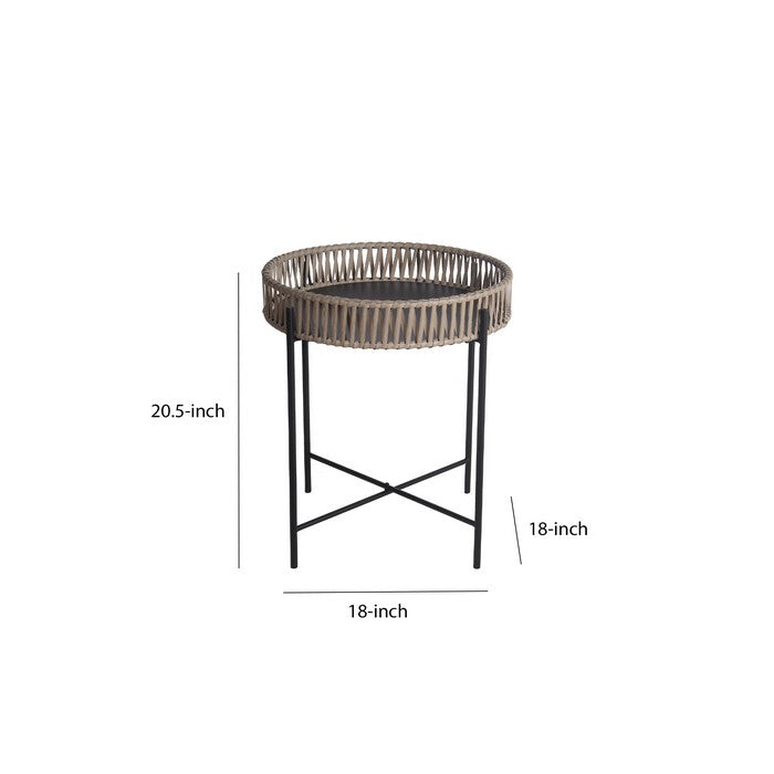 Metal Accent Table with Round Top and Woven Edges, Small, Black and Brown