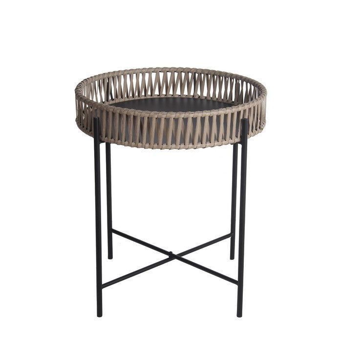 Metal Accent Table with Round Top and Woven Edges, Small, Black and Brown