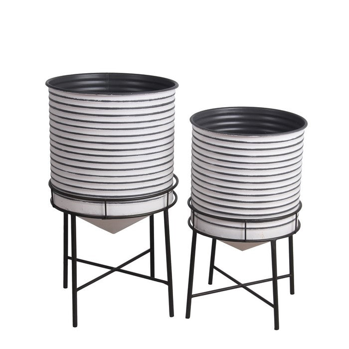 Round Cylindrical Metal Planter with Tubular Legs, Set of 2,White and Black