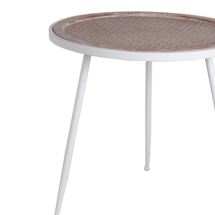 Round Wooden Top Accent Table with Splayed Metal Legs, White and Brown