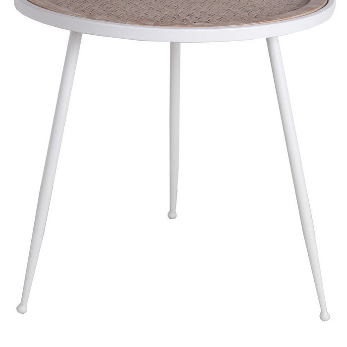 Round Wooden Top Accent Table with Splayed Metal Legs, White and Brown
