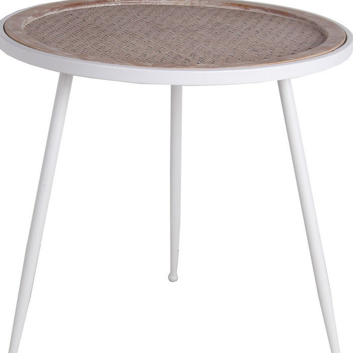Round Wooden Top Accent Table with Splayed Metal Legs, White and Brown