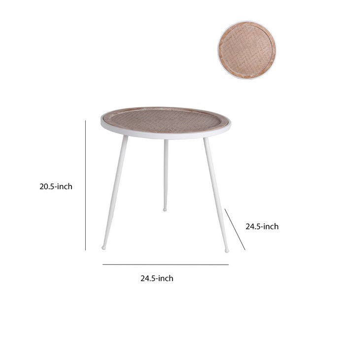 Round Wooden Top Accent Table with Splayed Metal Legs, White and Brown
