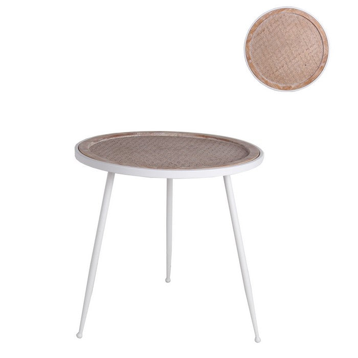 Round Wooden Top Accent Table with Splayed Metal Legs, White and Brown