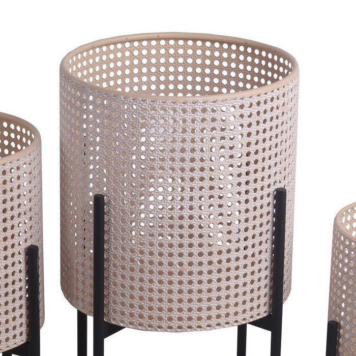 Lattice Round Metal Planter with Tubular Base, Set of 3, Black and Beige