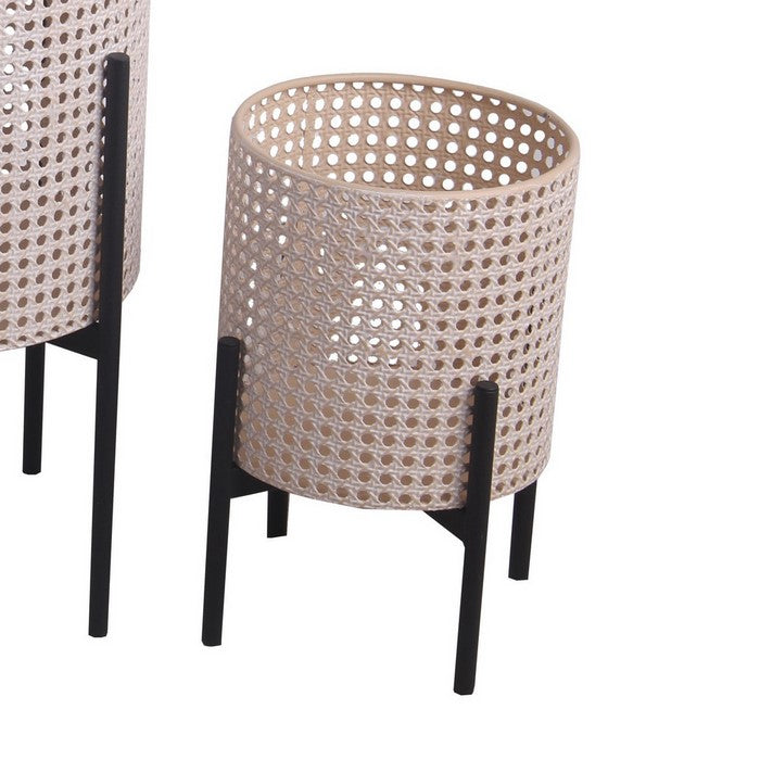 Lattice Round Metal Planter with Tubular Base, Set of 3, Black and Beige