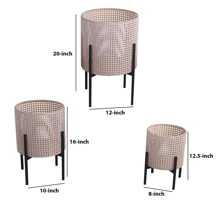 Lattice Round Metal Planter with Tubular Base, Set of 3, Black and Beige