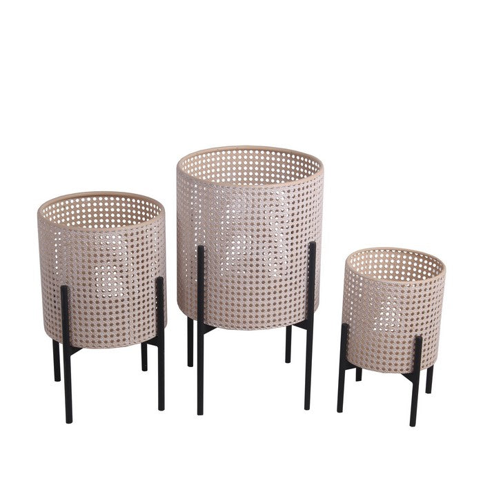 Lattice Round Metal Planter with Tubular Base, Set of 3, Black and Beige