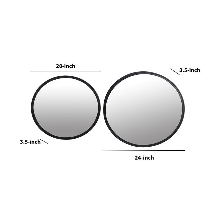 Metal Frame Round Mirror, Set of 2, Black and Silver