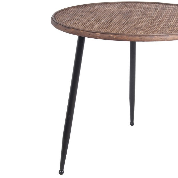 Round Wooden Top Accent Table with Splayed Metal Legs, Black and Brown