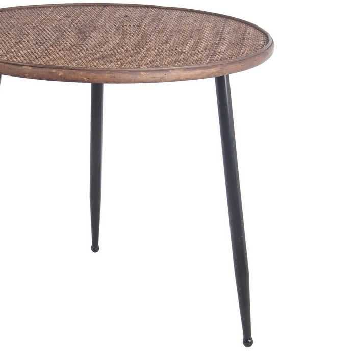 Round Wooden Top Accent Table with Splayed Metal Legs, Black and Brown