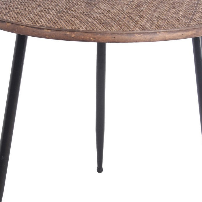 Round Wooden Top Accent Table with Splayed Metal Legs, Black and Brown