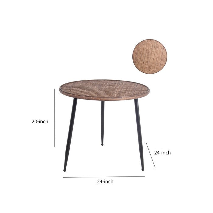 Round Wooden Top Accent Table with Splayed Metal Legs, Black and Brown
