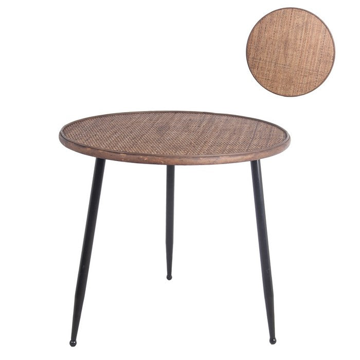 Round Wooden Top Accent Table with Splayed Metal Legs, Black and Brown