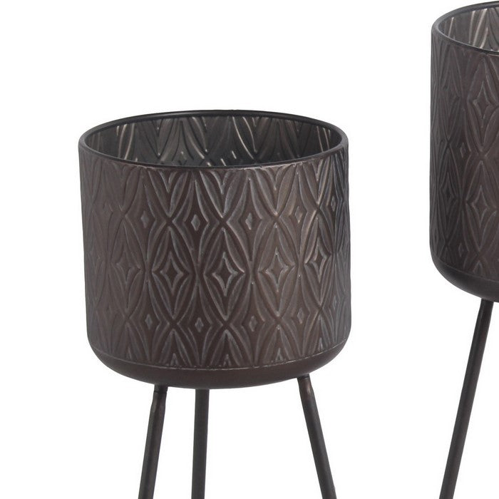 Metal Planter with Tripod Base and Geometric Pattern, Set of 3, Dark Brown