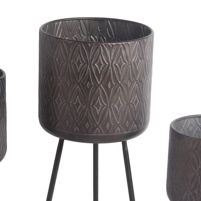 Metal Planter with Tripod Base and Geometric Pattern, Set of 3, Dark Brown